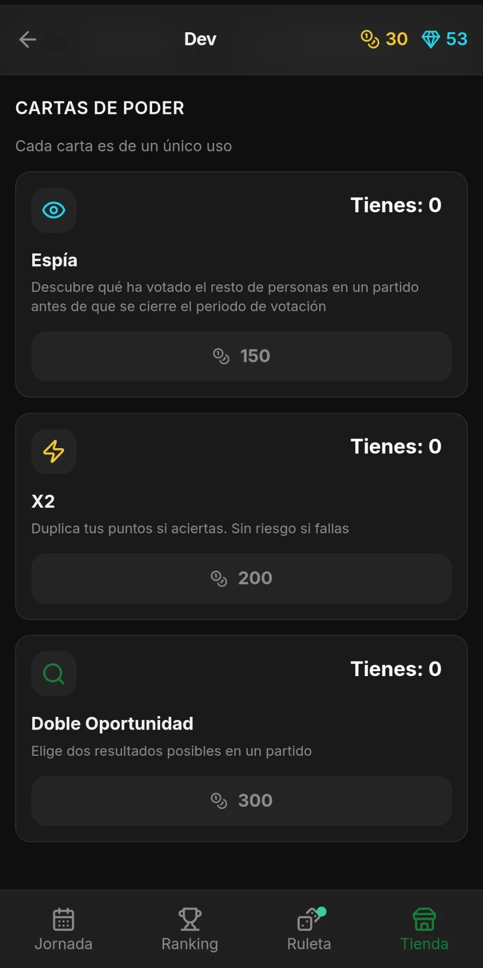 Pantalla de cartas de poder en Futbolio con el Potenciador x2, la Doble Oportunidad y El Espía